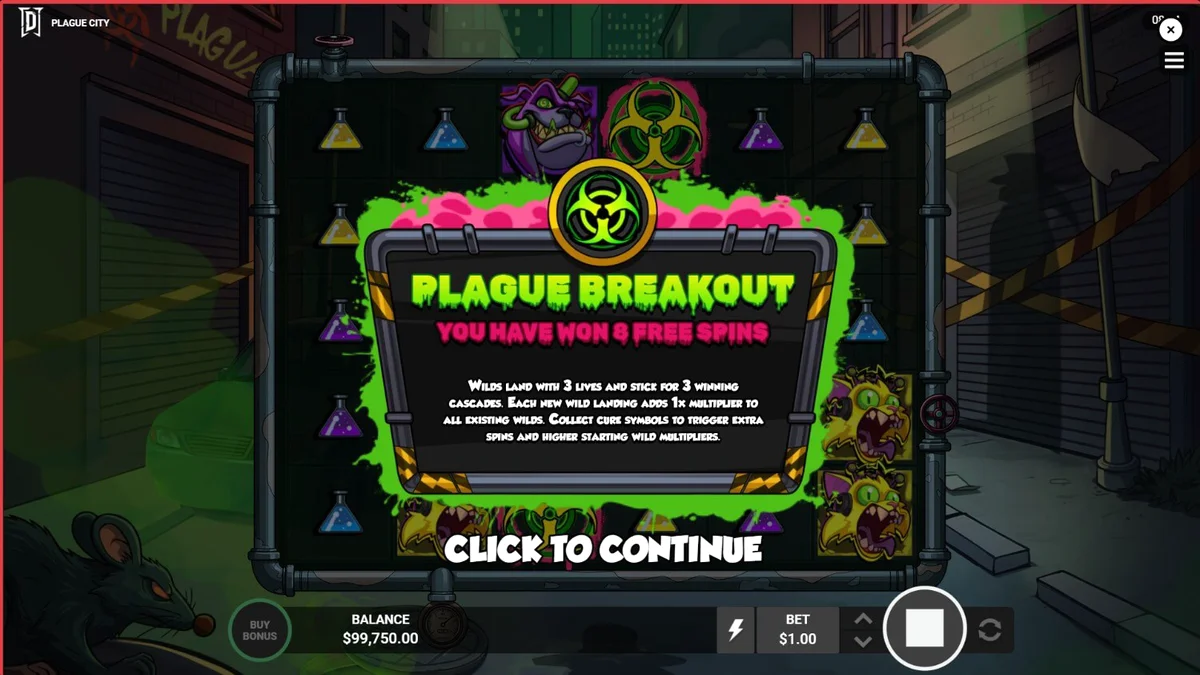 Tampilan visual mencekam dari slot Plague City dengan tema apokaliptik dan ilmuwan bertopeng.