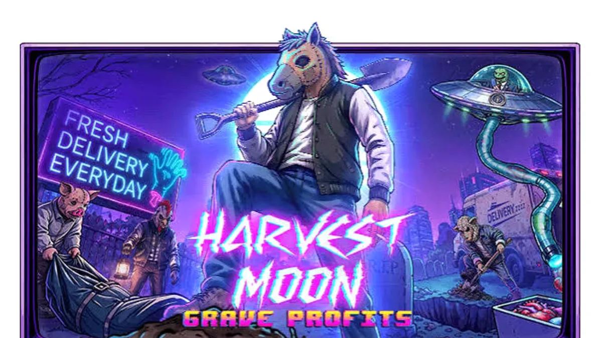 Tampilan visual slot Harvest Moon Grave Profits dengan tema horor sci-fi yang gelap.